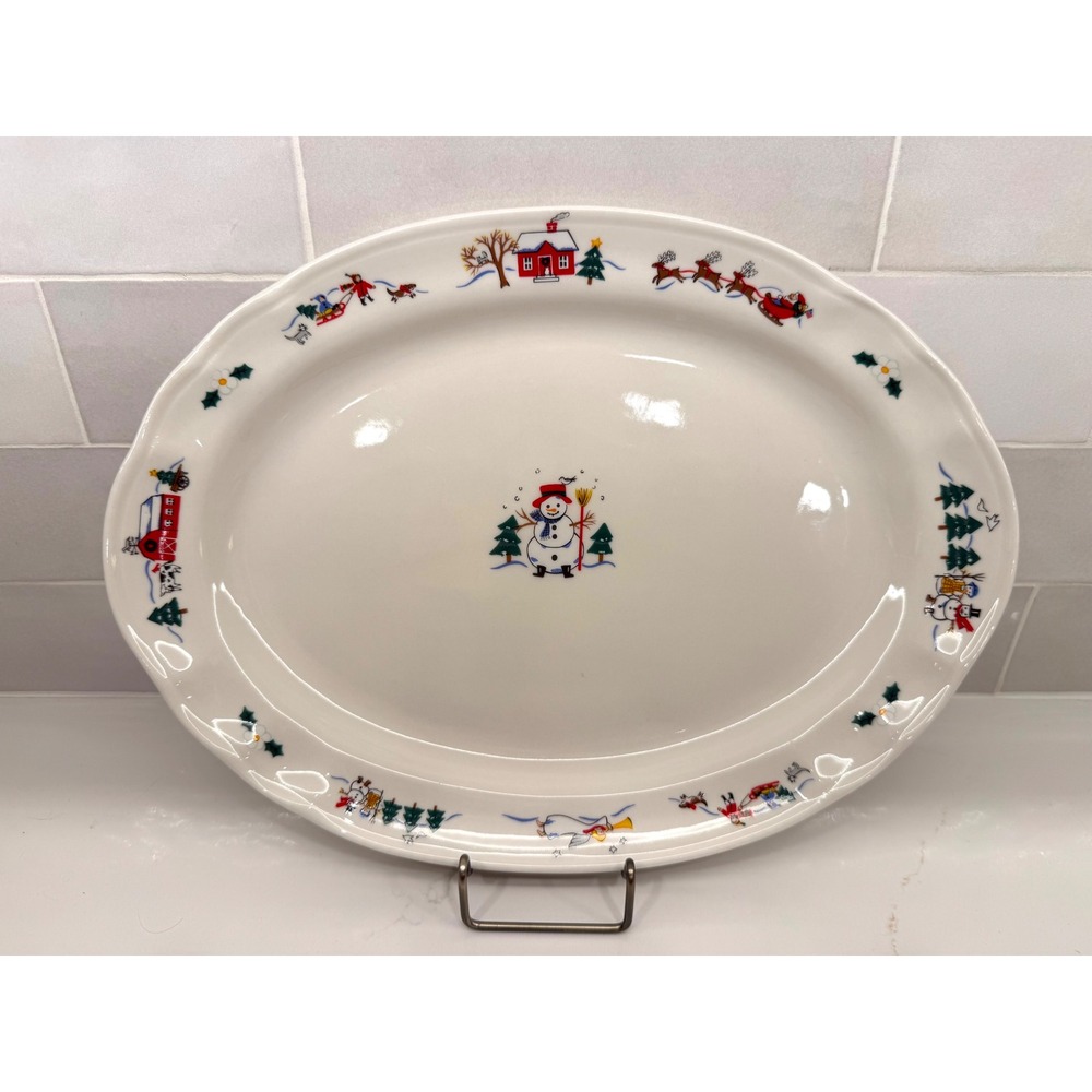 Pfaltzgraff Snow Village Oval Serving Platter Christmas Snowman‎ Santa 14 Inch